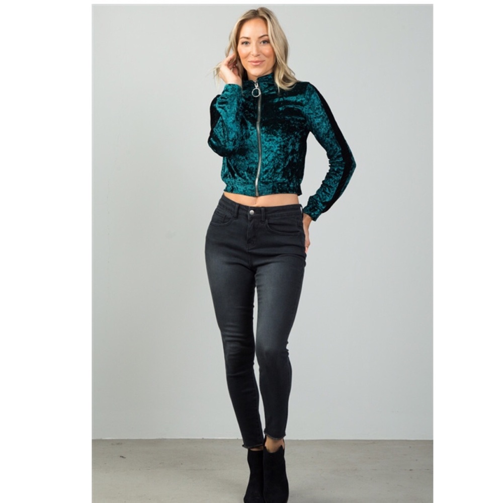 Green Velvet Zip Up Bomber Jacket - Picture 4 of 7